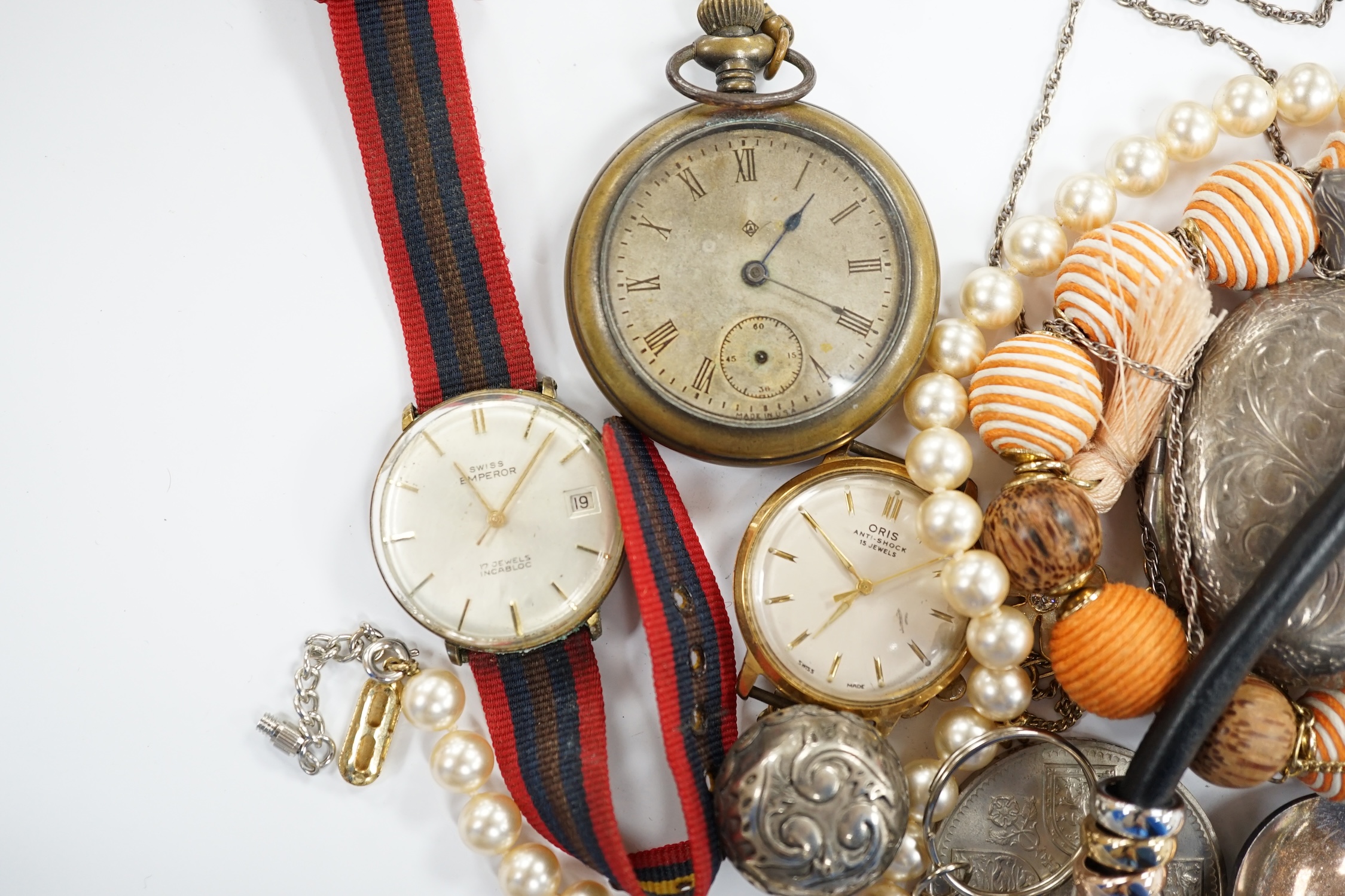 A quantity of assorted costume jewellery and other items including wrist watches, pocket watches and coins.